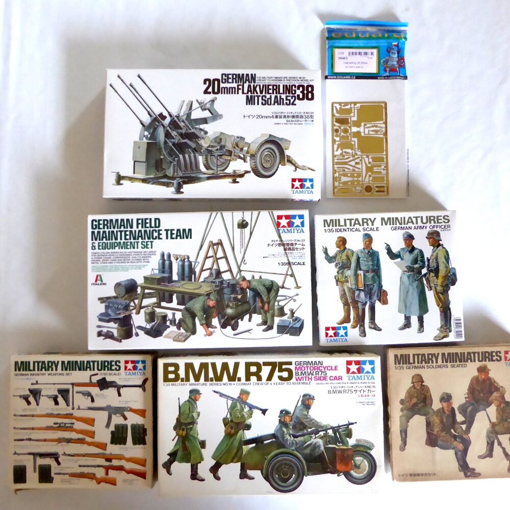 TAMIYA JAPAN WWII GERMAN 20mm FLAKVIERLING & MOTORCYCLE MODEL & FIGURE SET LOT